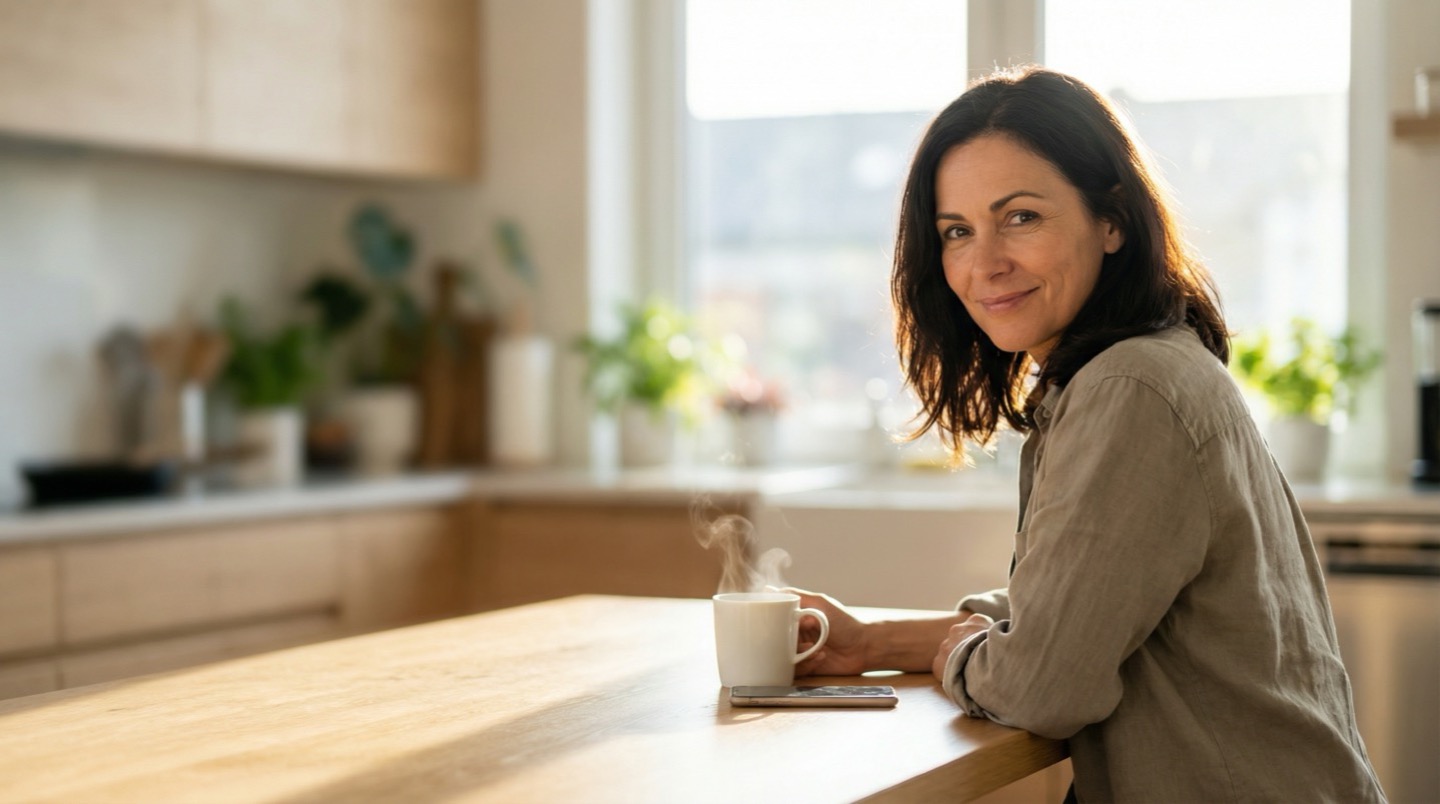 Woman enjoying her morning coffee while reading The Brief on her phone