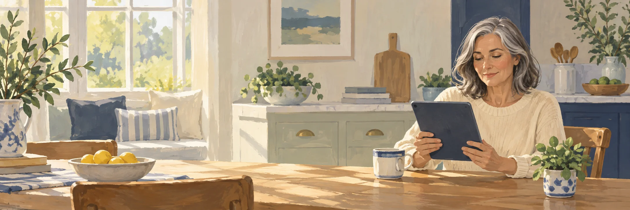 A woman reading at her breakfast table with a cup of tea.