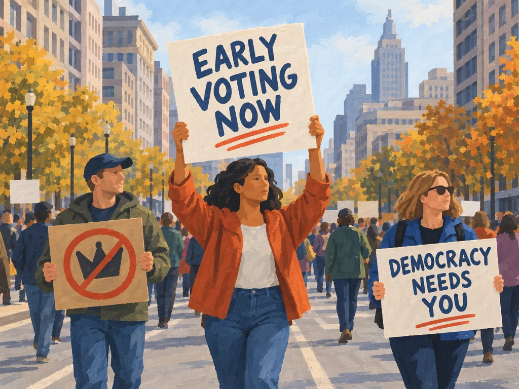 Editorial illustration of The leading cluster of rally participants marching together with elevated placards.